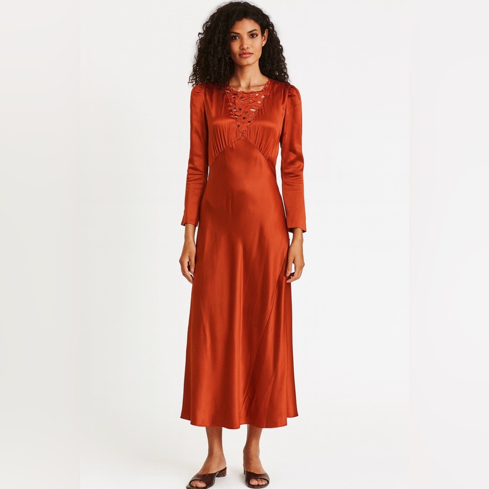 NWT DÔEN Melinda Embroidered Silk Midi Dress in Earthen - Picture 11 of 16
